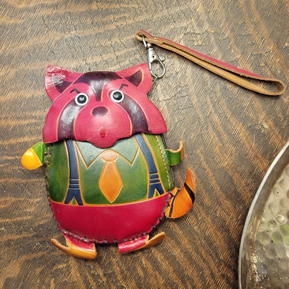Raccoon colorful leather wristlet / wallet